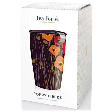 Tea Forte Kati Cup Poppy Fields, Ceramic Tea Infuser Cup with Infuser Basket and Lid for Steeping Lo...