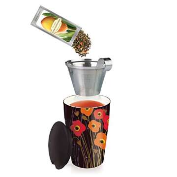 Tea Forte Kati Cup Poppy Fields, Ceramic Tea Infuser Cup with Infuser Basket and Lid for Steeping Loose Leaf Tea
