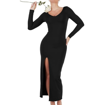 Popilush Black Shapewear Dresses for Womens V Neck Long Sleeve Maxi Dress with Slit Bodycon Wedding ...
