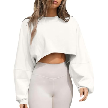 Tankaneo Womens Long Ballon Sleeve Sweatshirts Tops Cropped Crew Neck Loose Fit Casual Workout Shirt...