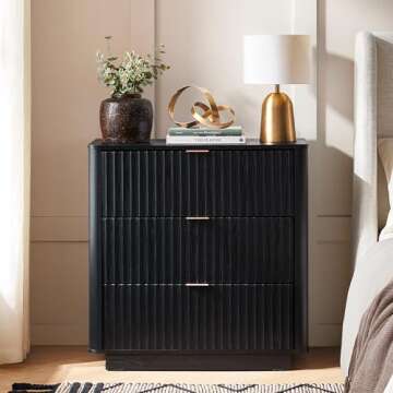 mopio Brooklyn 3 Drawer Dresser for Bedroom, Mid Century Modern Chest of Drawers, Wood Tall Nightstand, Waveform Fluted Side Table, Enhanced Safety, ASTM F2057-23 Sturdy Compliant (Black)