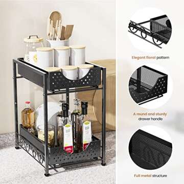Under Sink Organizers and Storage, Bathroom Cabinet Organizer and Storage, 2 Tier Pull Out Under Cabinet Organizers and Storage, Metal Rolling Kitchen Sink Organizer with Non-slip Feet