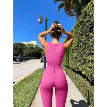 OQQ Women Yoga Jumpsuits Ribbed Crew Neck Sleeveless Bell Bottoms Flare Jumpsuits Rose