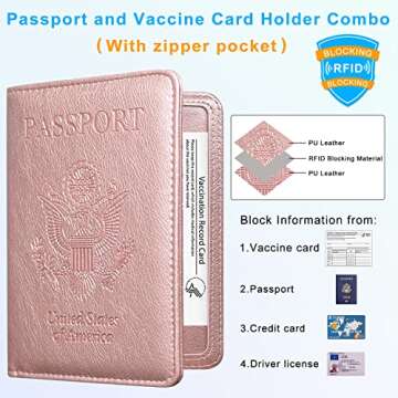 ACdream Passport and Vaccine Card Holder Combo with Zipper Pocket, Cover Wallet, Vaccination Card Slot, Leather Travel Documents Organizer Protector, RFID Blocking, for Women/Men, Rose Gold