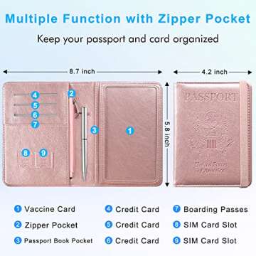 ACdream Passport and Vaccine Card Holder Combo with Zipper Pocket, Cover Wallet, Vaccination Card Slot, Leather Travel Documents Organizer Protector, RFID Blocking, for Women/Men, Rose Gold
