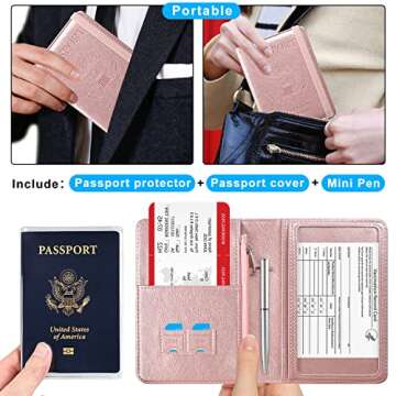 ACdream Passport and Vaccine Card Holder Combo with Zipper Pocket, Cover Wallet, Vaccination Card Slot, Leather Travel Documents Organizer Protector, RFID Blocking, for Women/Men, Rose Gold