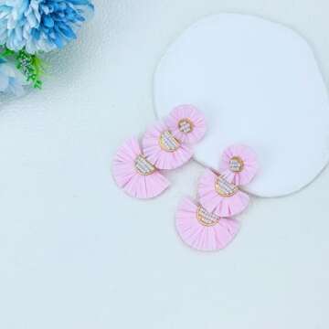 Statement Earrings Beaded Raffia Palm Bohemian Drop Dangle Earrings for women