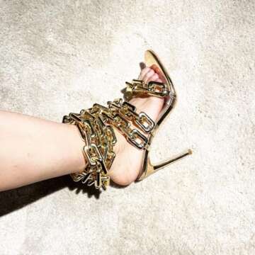 Frankie Hsu Luxury Women's Ankle Leg Lace Up Gold Link Chain Clear PVC Strappy Stiletto Round Toe High Heeled Sandals