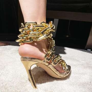 Frankie Hsu Luxury Women's Ankle Leg Lace Up Gold Link Chain Clear PVC Strappy Stiletto Round Toe High Heeled Sandals