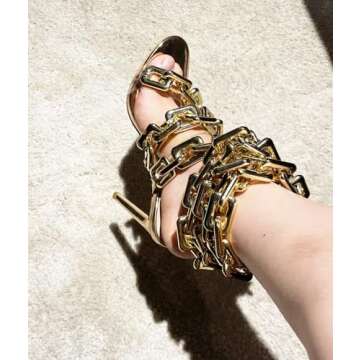 Frankie Hsu Luxury Women's Ankle Leg Lace Up Gold Link Chain Clear PVC Strappy Stiletto Round Toe High Heeled Sandals