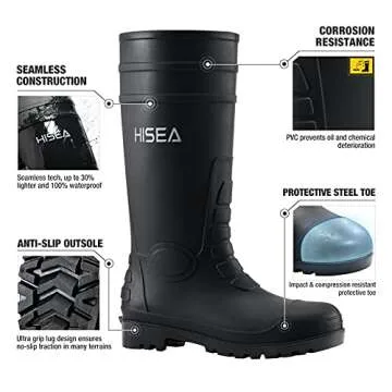 HISEA Men's Steel Toe Rain Boots PVC Rubber Boots, Waterproof Garden Fishing Outdoor Work Boots, Dur...