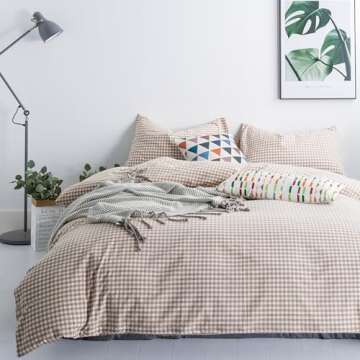 SUSYBAO Tan Gingham Duvet Cover King 100% Washed Cotton Beige Plaid Duvet Cover Set 3 Pieces 1 Check...