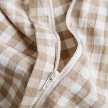 SUSYBAO Tan Gingham Duvet Cover King 100% Washed Cotton Beige Plaid Duvet Cover Set 3 Pieces 1 Checkered Grid Duvet Cover with Zipper Ties 2 Pillowcases Vintage Luxury Soft Gingham Bedding Set Durable