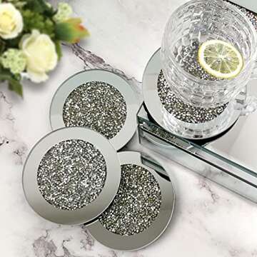 GIMORRTO Glass Mirrored Coaster 4 PC, Crushed Diamond Round 4" Cup Mat Decor on Tabletop for Bar Tools Dining Table