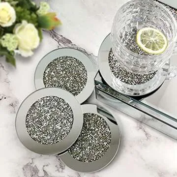GIMORRTO Glass Mirrored Coaster 4 PC, Crushed Diamond Round 4" Cup Mat Decor on Tabletop for Bar Tools Dining Table