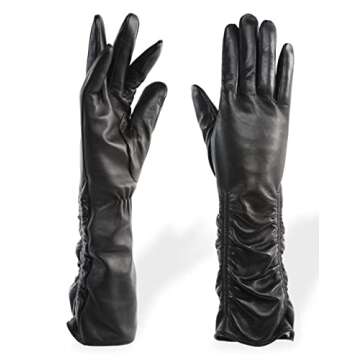 YISEVEN Women’s Mid Length Long Leather Gloves Touchscreen Wrinkled Design Lined Genuine Lambskin Winter Cold Weather Accessories for Ladies Dress Driving Evening Party Gifts, Black Size 6.5 S