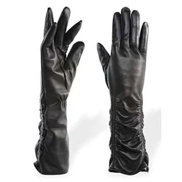 YISEVEN Women’s Mid Length Long Leather Gloves Touchscreen Wrinkled Design Lined Genuine Lambskin Winter Cold Weather Accessories for Ladies Dress Driving Evening Party Gifts, Black Size 6.5 S