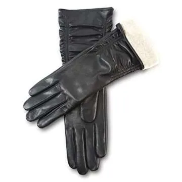 YISEVEN Women’s Mid Length Long Leather Gloves Touchscreen Wrinkled Design Lined Genuine Lambskin Winter Cold Weather Accessories for Ladies Dress Driving Evening Party Gifts, Black Size 6.5 S
