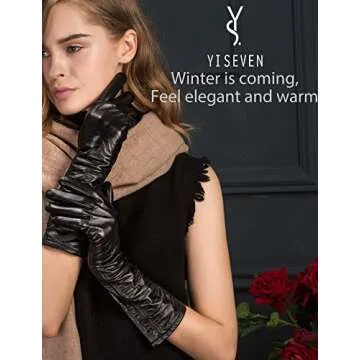 YISEVEN Women’s Mid Length Long Leather Gloves Touchscreen Wrinkled Design Lined Genuine Lambskin Winter Cold Weather Accessories for Ladies Dress Driving Evening Party Gifts, Black Size 6.5 S
