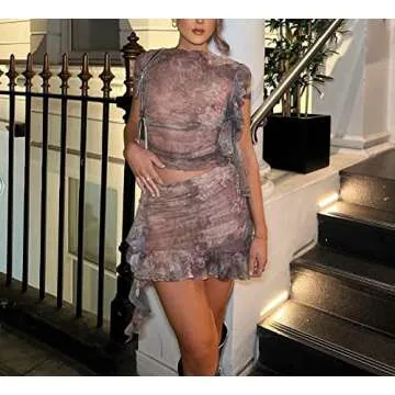 Argeousgor Women Ruffle 2 Piece Skirt Sets Y2k Sheer Mesh Crop Top Bodycon Mini Short Skirt Fringed Tassels Suit Sets