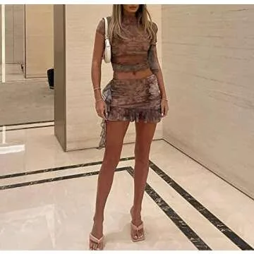 Argeousgor Women Ruffle 2 Piece Skirt Sets Y2k Sheer Mesh Crop Top Bodycon Mini Short Skirt Fringed Tassels Suit Sets