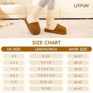 Litfun Womens Fuzzy Platform Slippers Fluffy Memory Foam Winter House Shoes for Indoor and Outdoor, Apricot 8-8.5