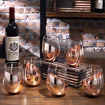 MyGift Modern Stemless Wine Glass Set of 6, White or Red Wine Glasses with Copper Metallic Bottom An...