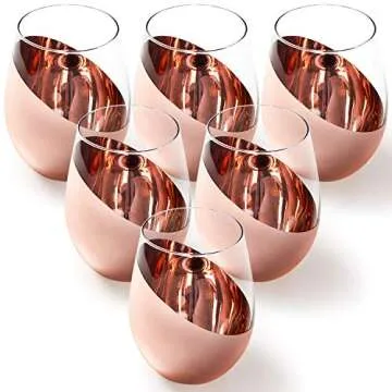 Modern Stemless Wine Glass Set of 6 with Copper Bottom