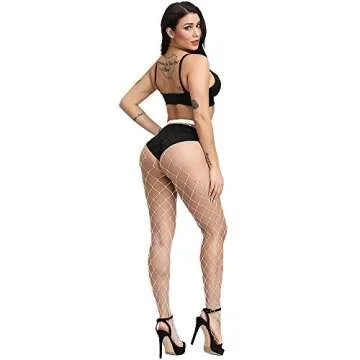 CozyWow Soft & Stretchy High Waist Fishnet Tights Partterned Fishnets Garter Stockings for Women (A-White-Big Hole)