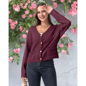 Shangood Women V Neck Cardigan Sweaters Trendy 2024 Cropped Short Gold Buttons Cardigans Sweater Fall Winter Open Front,Deep Purple Red-M