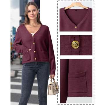 Shangood Women V Neck Cardigan Sweaters Trendy 2024 Cropped Short Gold Buttons Cardigans Sweater Fall Winter Open Front,Deep Purple Red-M
