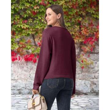 Shangood Women V Neck Cardigan Sweaters Trendy 2024 Cropped Short Gold Buttons Cardigans Sweater Fall Winter Open Front,Deep Purple Red-M