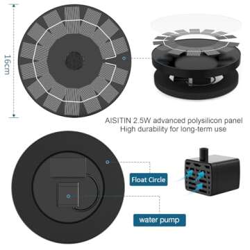 AISITIN 2.5W Solar Bird Bath Fountain Pump, Solar Fountain Pump for Bird Bath with 6 Nozzles, 6.7" Solar Powered Water Fountain Pump for Garden, Ponds, Pool, Fish Tank, Aquarium and Outdoor