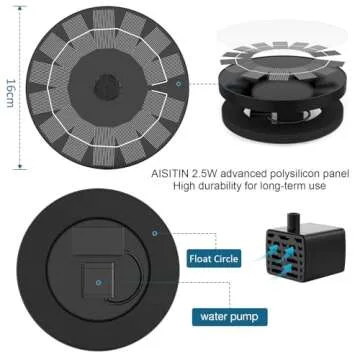 AISITIN 2.5W Solar Bird Bath Fountain Pump, Solar Fountain Pump for Bird Bath with 6 Nozzles, 6.7" Solar Powered Water Fountain Pump for Garden, Ponds, Pool, Fish Tank, Aquarium and Outdoor