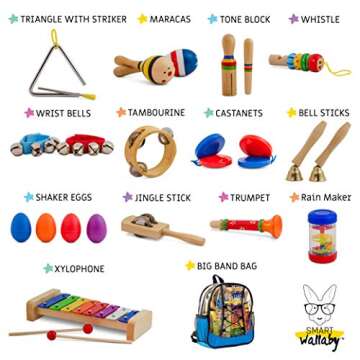 SMART WALLABY Toddler Musical Instruments Set, 25 pcs Wooden Educational Music Toys Percussion Kit for Kids with Xylophone and Storage Backpack. Big Band