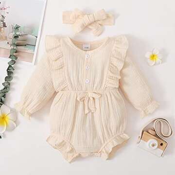 Renotemy Toddler Baby Girls Cotton Linen Rompers Fall Winter Jumpsuit One-Piece Bodysuit Baby Girl R...