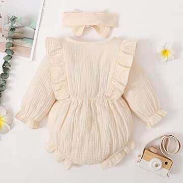 Renotemy Toddler Baby Girls Cotton Linen Rompers Fall Winter Jumpsuit One-Piece Bodysuit Baby Girl Rompers 12 18 Months Girl Clothes Beige