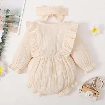 Renotemy Toddler Baby Girls Cotton Linen Rompers Fall Winter Jumpsuit One-Piece Bodysuit Baby Girl Rompers 12 18 Months Girl Clothes Beige