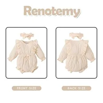 Renotemy Toddler Baby Girls Cotton Linen Rompers Fall Winter Jumpsuit One-Piece Bodysuit Baby Girl Rompers 12 18 Months Girl Clothes Beige