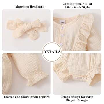 Renotemy Toddler Baby Girls Cotton Linen Rompers Fall Winter Jumpsuit One-Piece Bodysuit Baby Girl Rompers 12 18 Months Girl Clothes Beige