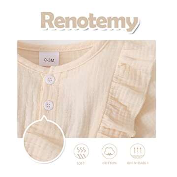 Renotemy Toddler Baby Girls Cotton Linen Rompers Fall Winter Jumpsuit One-Piece Bodysuit Baby Girl Rompers 12 18 Months Girl Clothes Beige