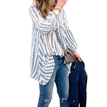 ZXZY Women Long Sleeve V Neck Hollow Out Floral Print Shirt Tops Long Blouse Tee, Small, Blue
