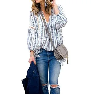 ZXZY Women Long Sleeve V Neck Hollow Out Floral Print Shirt Tops Long Blouse Tee, Small, Blue