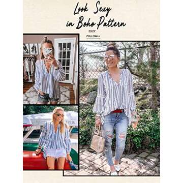 ZXZY Women Long Sleeve V Neck Hollow Out Floral Print Shirt Tops Long Blouse Tee, Small, Blue