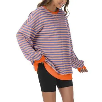 Kissfix Women's Striped Oversized Sweatshirt Long Sleeve Shirts for Women Crewneck Hoodies Casual Pullover Top Y2K Tops PinkBlue L