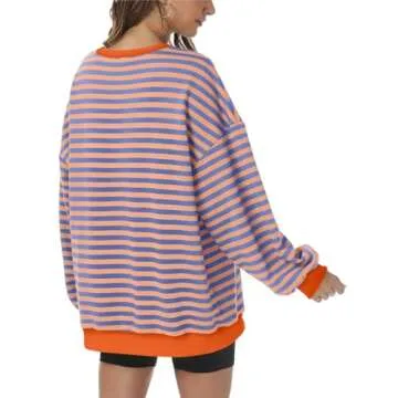 Kissfix Women's Striped Oversized Sweatshirt Long Sleeve Shirts for Women Crewneck Hoodies Casual Pullover Top Y2K Tops PinkBlue L