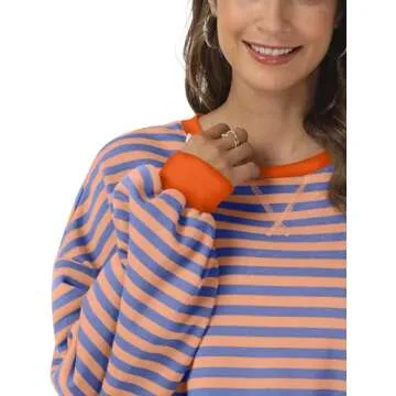Kissfix Women's Striped Oversized Sweatshirt Long Sleeve Shirts for Women Crewneck Hoodies Casual Pullover Top Y2K Tops PinkBlue L