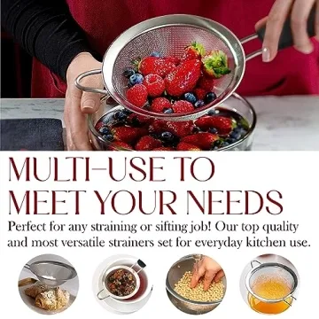 Bellemain Fine Mesh Strainer Basket - Stainless Steel Colander with Handle - Flour Sifter for Baking - Kitchen Food Strainer Sieve, Tea, Rice, Spaghetti, Pasta Strainer Set of 3-3.4”, 5.5”, 7.5”