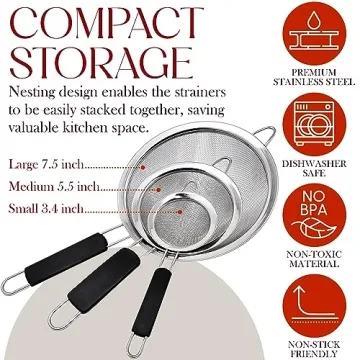 Bellemain Fine Mesh Strainer Basket - Stainless Steel Colander with Handle - Flour Sifter for Baking - Kitchen Food Strainer Sieve, Tea, Rice, Spaghetti, Pasta Strainer Set of 3-3.4”, 5.5”, 7.5”