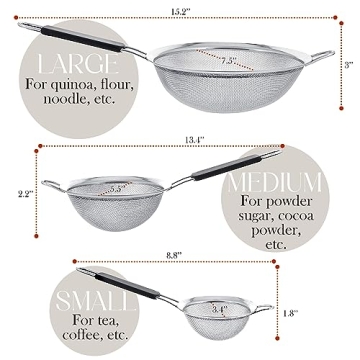 Bellemain Fine Mesh Strainer Basket - Stainless Steel Colander with Handle - Flour Sifter for Baking - Kitchen Food Strainer Sieve, Tea, Rice, Spaghetti, Pasta Strainer Set of 3-3.4”, 5.5”, 7.5”